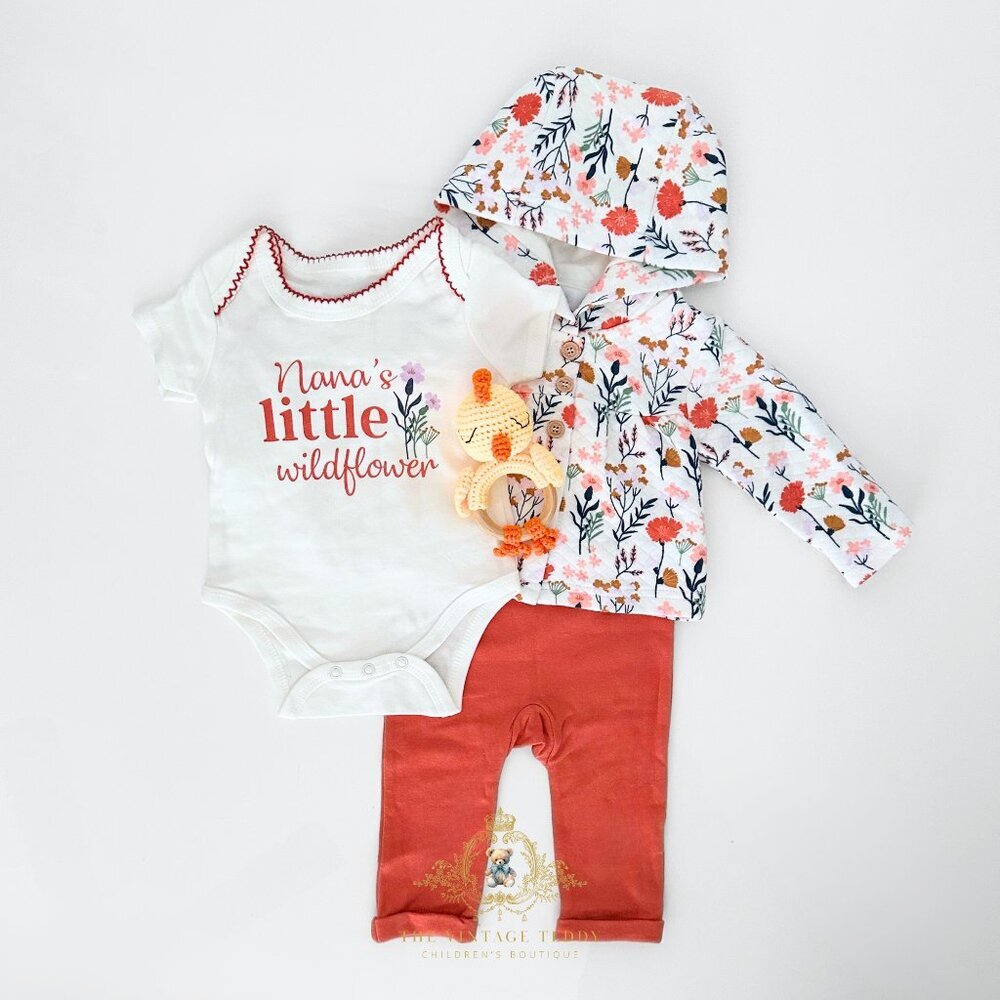NWT Cute Girls 3 Piece Set Baby Onesie Pants Coat Nana's Little Wildflower 3-6M